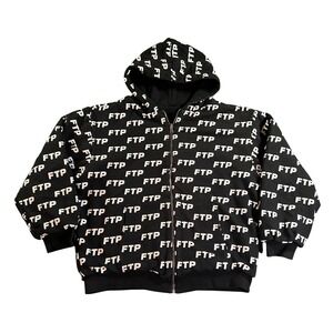 FTP All Over Print Zip Up Hoodie Mens Medium Black Logo Streetwear Reversible